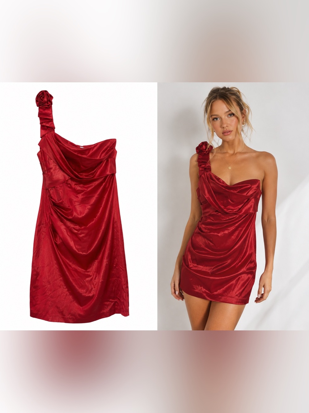 Red Rosette One Shoulder Cocktail Dress Size 7 Satin Party Wedding Guest